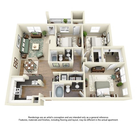 Floor plan for 3 beds, 2 baths, 1211 sqft